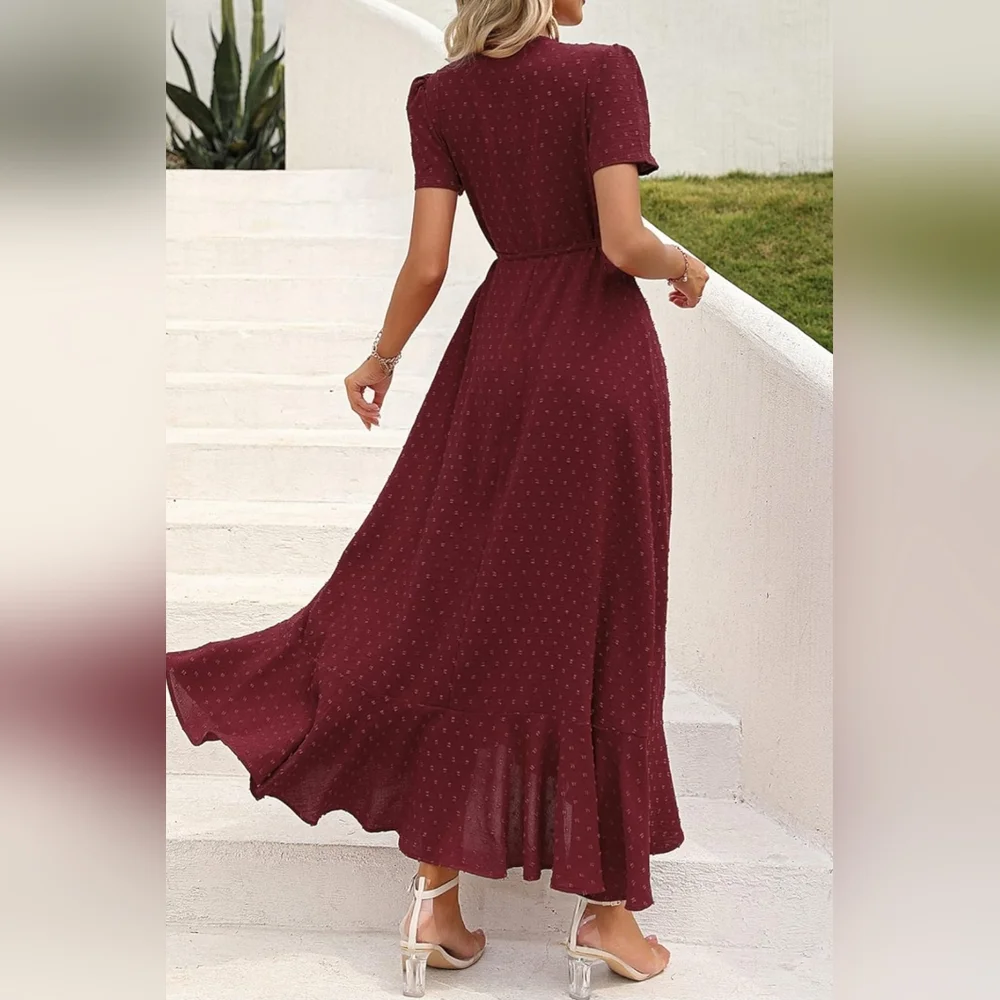 Swiss Dot Burgundy Wrap Dress - Picture 3 of 11